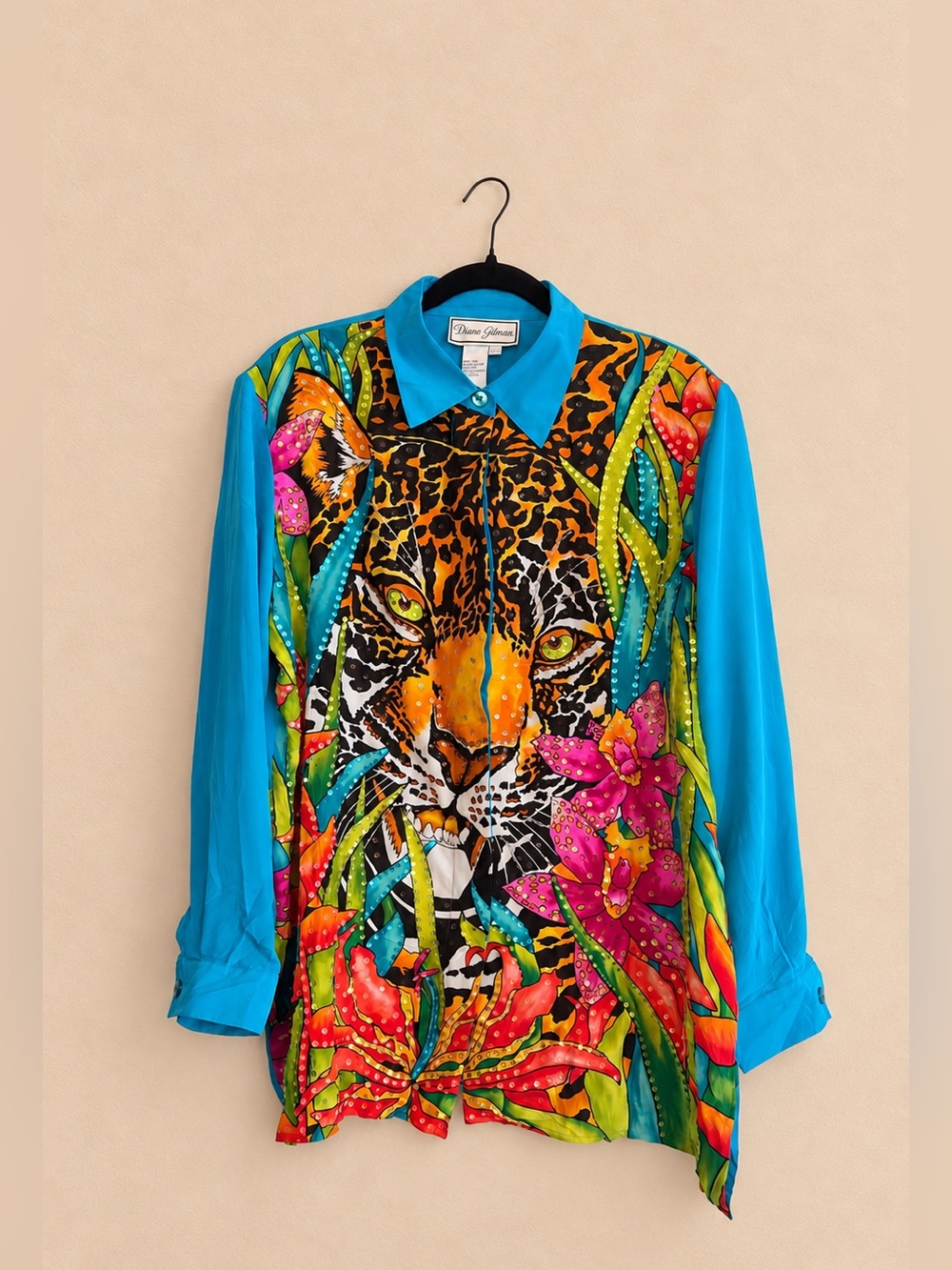 Vintage Diane Gilman Turquoise Multicolor Leopard & Floral Button-Up Shirt